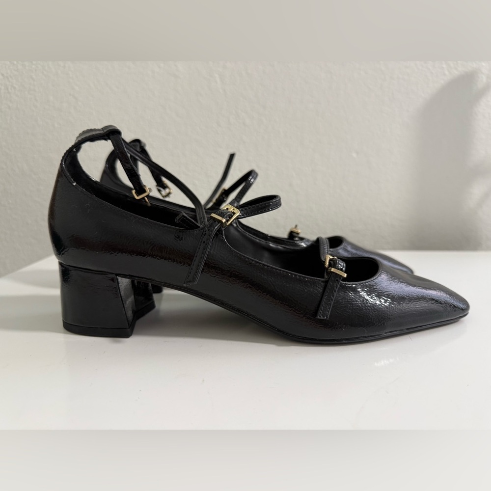 Zara Black Patent Triple Strap Block Heel Maryjane with Ankle Strap - Picture 2 of 8